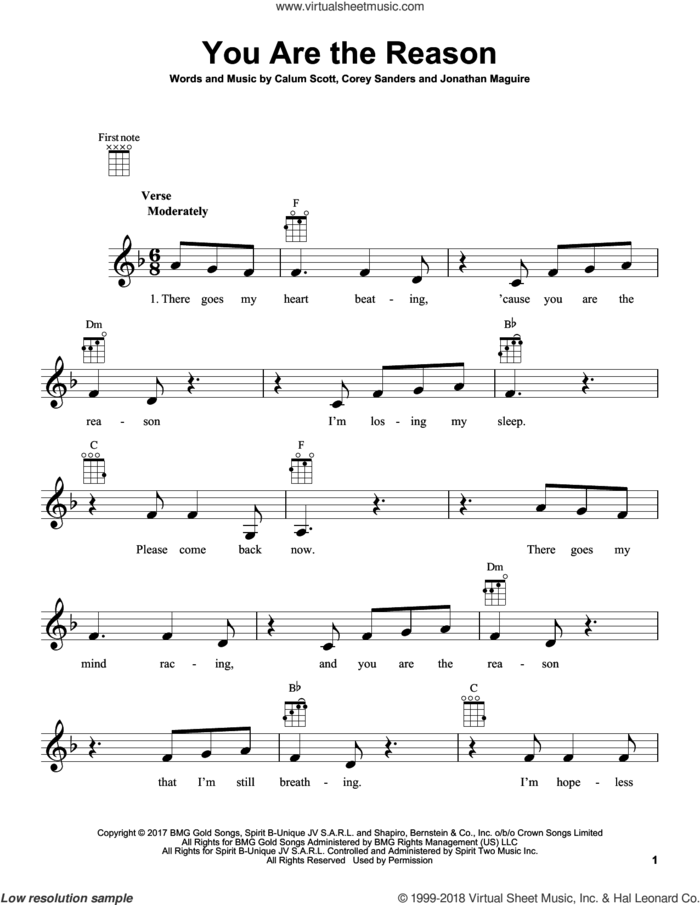 You Are The Reason sheet music for ukulele by Calum Scott, Corey Sanders and Jon Maguire, intermediate skill level