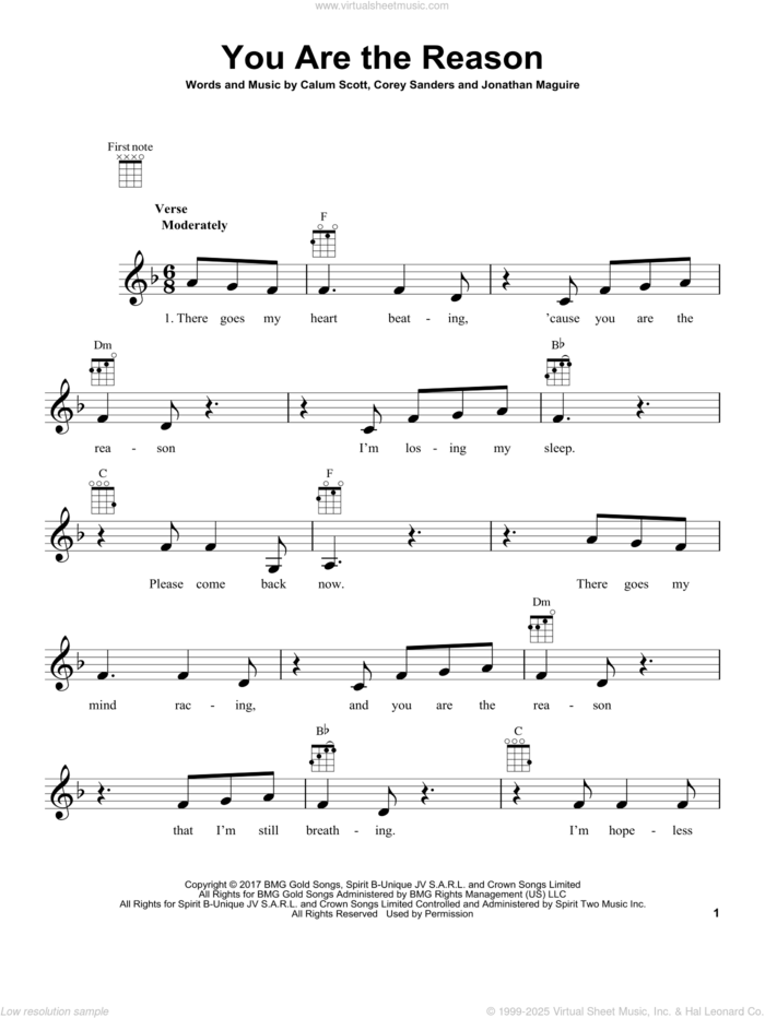 You Are The Reason sheet music for ukulele by Calum Scott, Corey Sanders and Jon Maguire, intermediate skill level