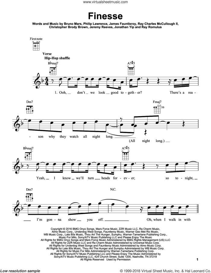 Finesse (featuring Cardi B) sheet music for ukulele by Bruno Mars, Christopher Brody Brown, James Fauntleroy, Jeremy Reeves, Jonathan Yip, Philip Lawrence, Ray Charles McCullough II and Ray Romulus, intermediate skill level