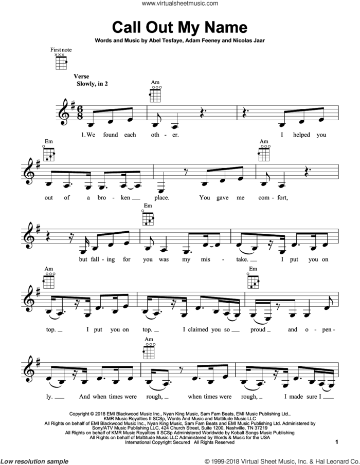 Call Out My Name sheet music for ukulele by The Weeknd, Abel Tesfaye, Adam Feeney and Nicolas Jaar, intermediate skill level