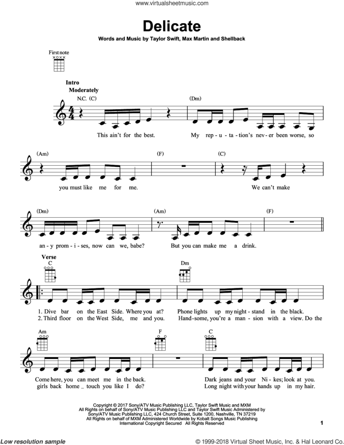 Delicate sheet music for ukulele by Taylor Swift, Max Martin and Shellback, intermediate skill level