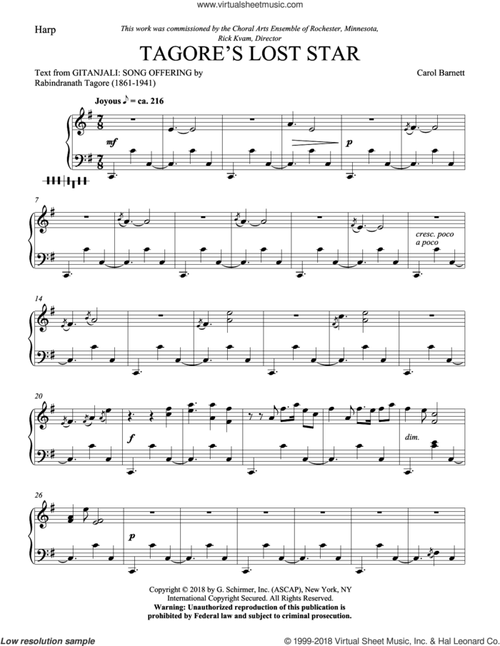 Tagore's Lost Star sheet music for orchestra/band (harp) by Carol Barnett and Rabindranath Tagore, intermediate skill level