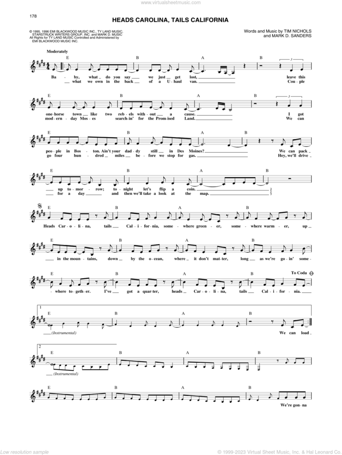 Heads Carolina, Tails California sheet music for voice and other instruments (fake book) by Jo Dee Messina, Mark D. Sanders and Tim Nichols, intermediate skill level