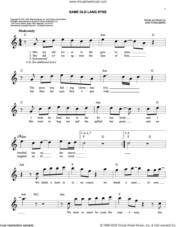 Same Old Lang Syne sheet music for voice and other instruments (fake book) by Dan Fogelberg, easy skill level