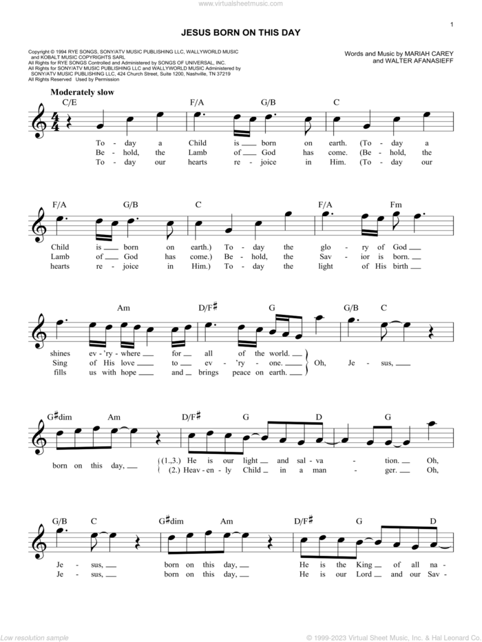 Jesus Born On This Day sheet music for voice and other instruments (fake book) by Mariah Carey and Walter Afanasieff, easy skill level