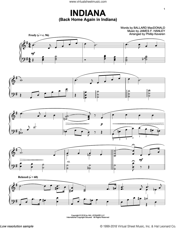 Indiana (Back Home Again In Indiana) [Jazz version] (arr. Phillip Keveren) sheet music for piano solo by Ballard MacDonald, Phillip Keveren and James Hanley, intermediate skill level
