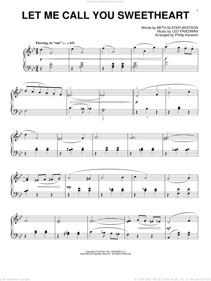 Let Me Call You Sweetheart [Jazz version] (arr. Phillip Keveren) sheet music for piano solo by Leo Friedman, Phillip Keveren and Beth Slater Whitson, intermediate skill level