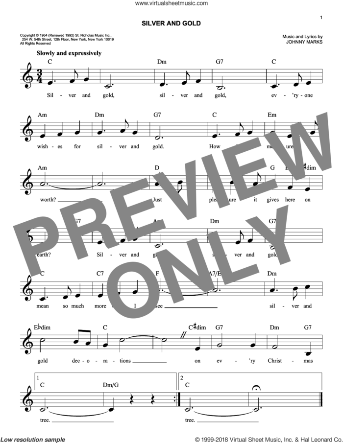 Silver And Gold sheet music for voice and other instruments (fake book) by Johnny Marks, easy skill level