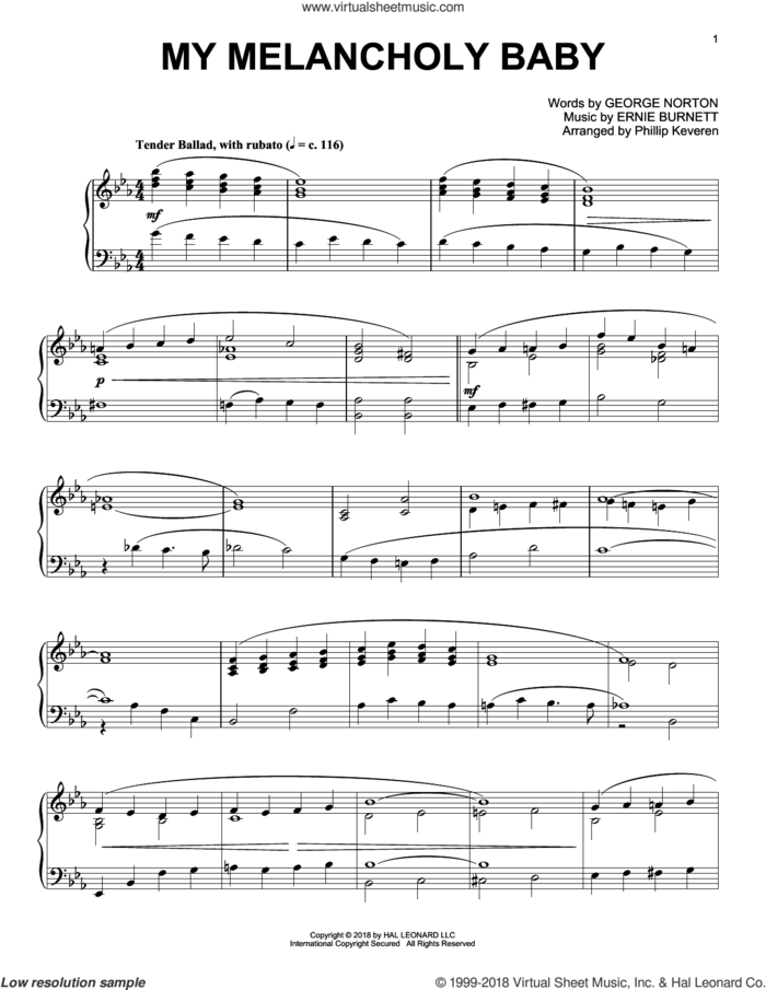 My Melancholy Baby [Jazz version] (arr. Phillip Keveren) sheet music for piano solo by George A. Norton, Phillip Keveren and Ernie Burnett, intermediate skill level