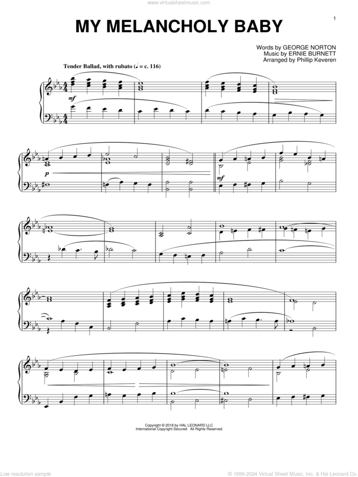 My Melancholy Baby [Jazz version] (arr. Phillip Keveren) sheet music for piano solo by George A. Norton, Phillip Keveren and Ernie Burnett, intermediate skill level