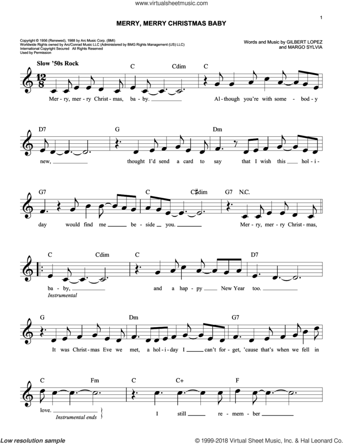 Merry, Merry Christmas Baby sheet music for voice and other instruments (fake book) by Gilbert Lopez and Margo Sylvia, easy skill level