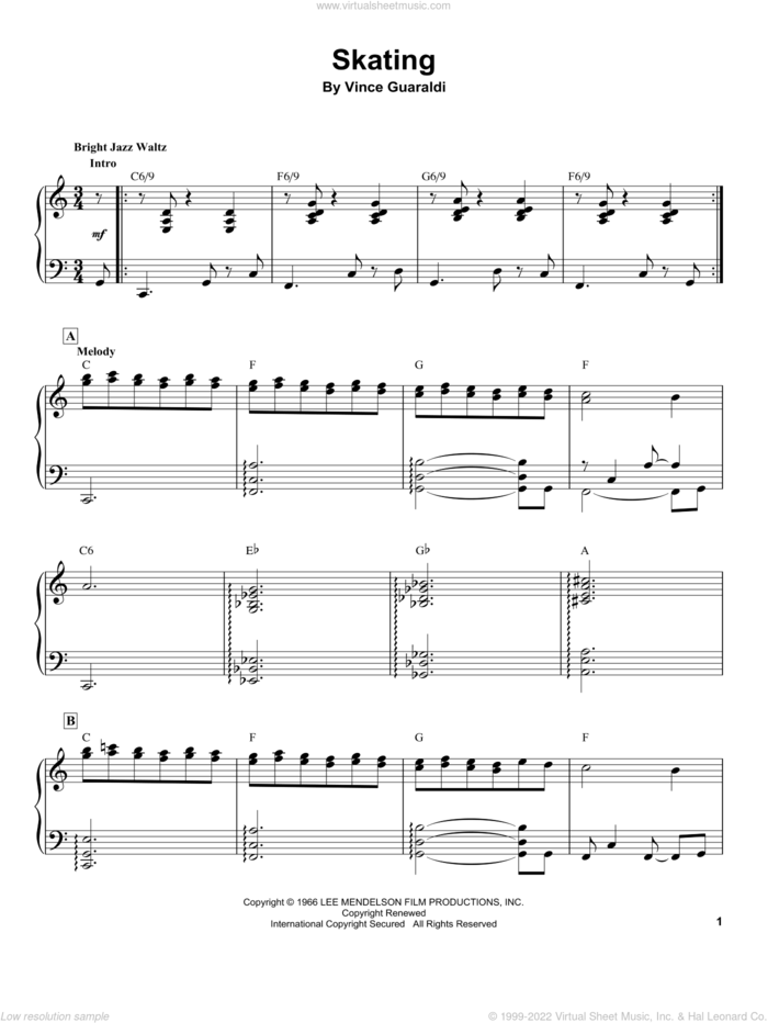 Skating sheet music for piano solo (transcription) by Vince Guaraldi, intermediate piano (transcription)