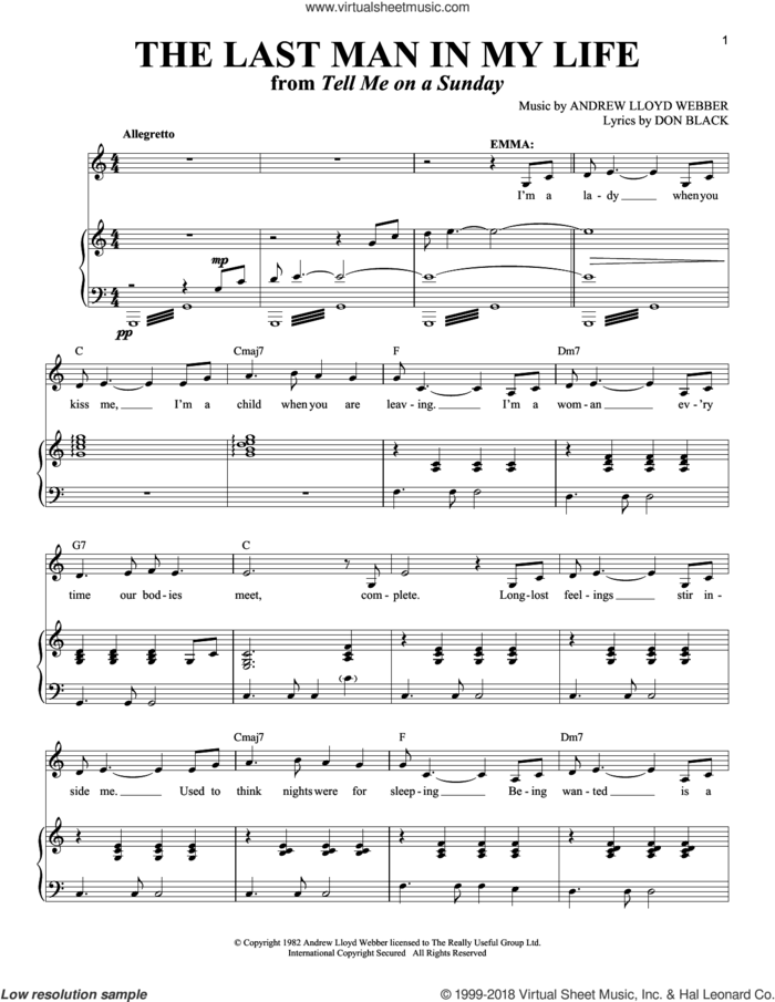 The Last Man In My Life sheet music for voice and piano by Andrew Lloyd Webber and Don Black, intermediate skill level
