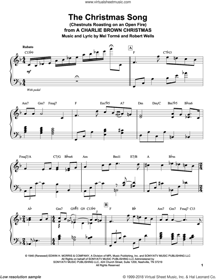 The Christmas Song (Chestnuts Roasting On An Open Fire) sheet music for piano solo (transcription) by Mel Torme and Mel Torme, intermediate piano (transcription)