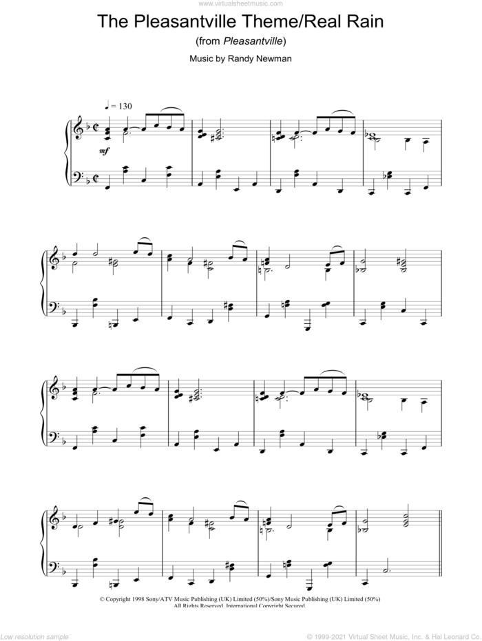 The Pleasantville Theme/Real Rain (from Pleasantville) sheet music for piano solo by Randy Newman, intermediate skill level