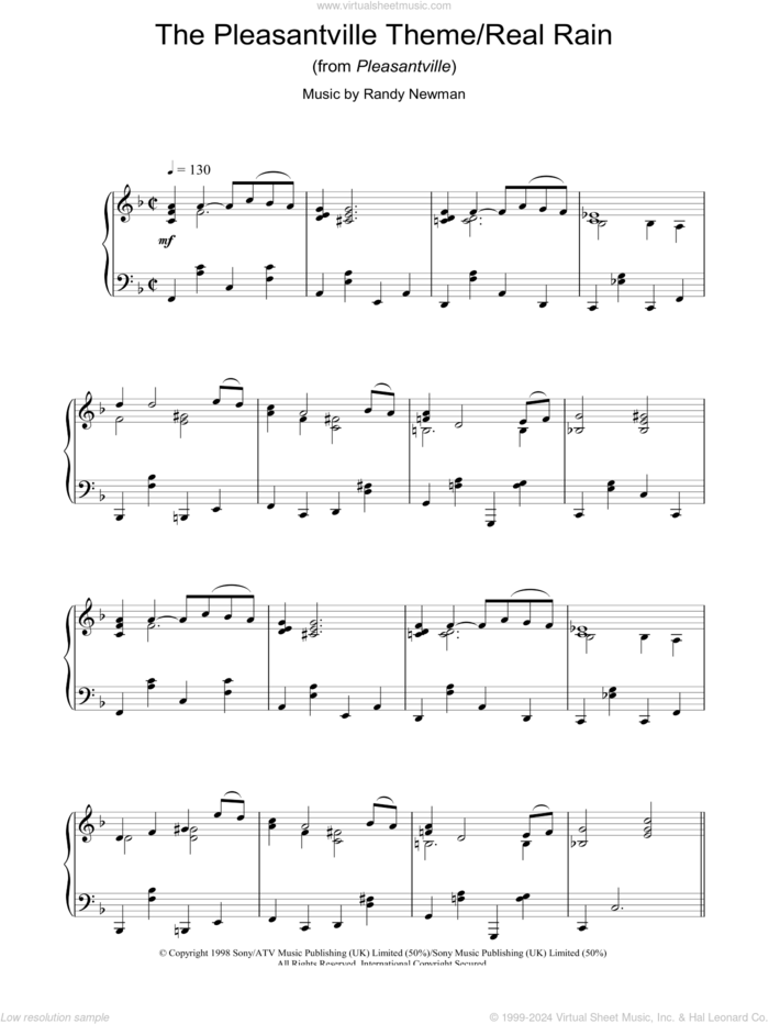 The Pleasantville Theme/Real Rain (from Pleasantville) sheet music for piano solo by Randy Newman, intermediate skill level