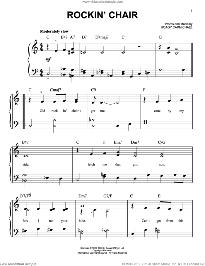 Rockin' Chair sheet music for piano solo by Hoagy Carmichael, easy skill level