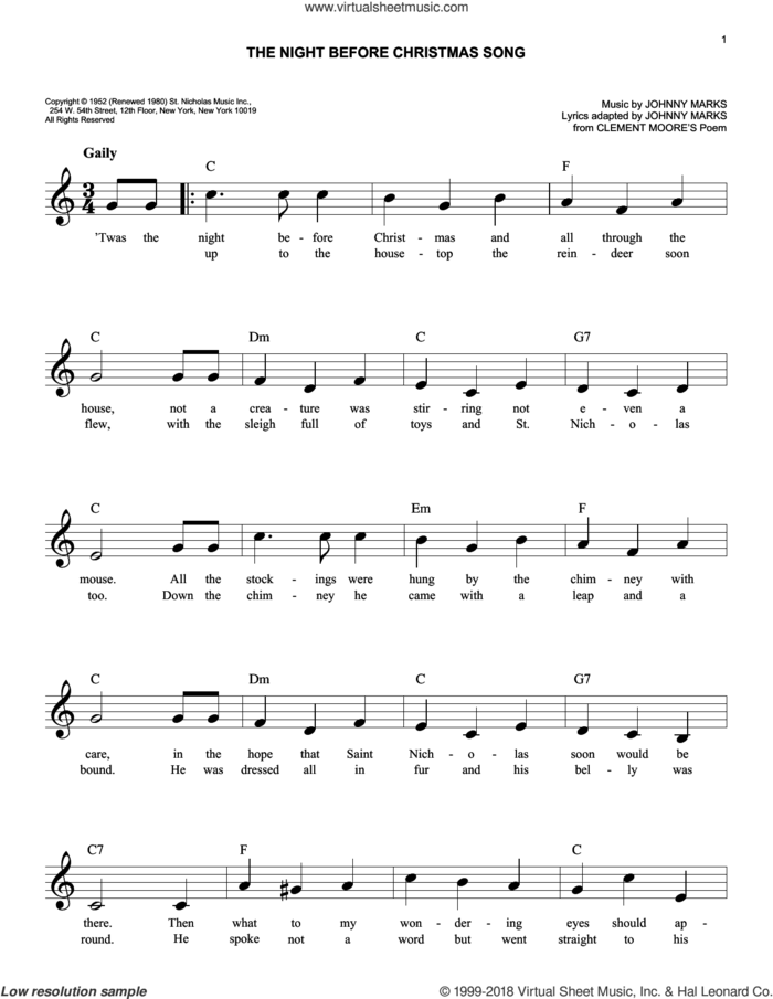 The Night Before Christmas Song sheet music for voice and other instruments (fake book) by Johnny Marks, easy skill level
