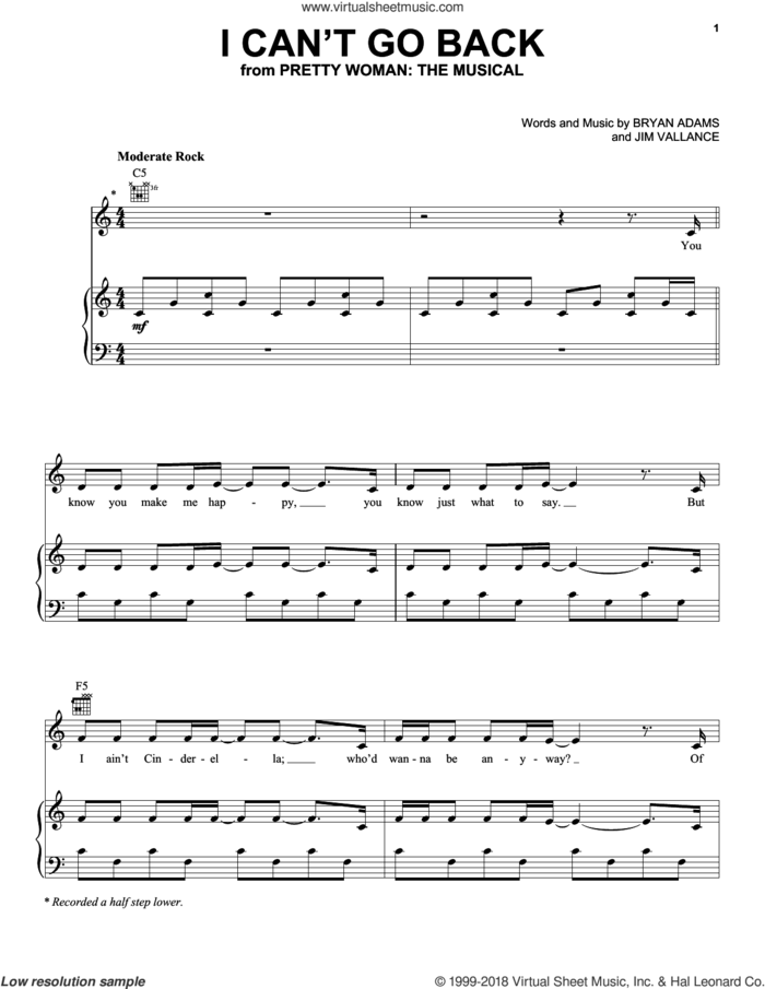 I Can't Go Back (from Pretty Woman: The Musical) sheet music for voice, piano or guitar by Bryan Adams, Bryan Adams & Jim Vallance and Jim Vallance, intermediate skill level