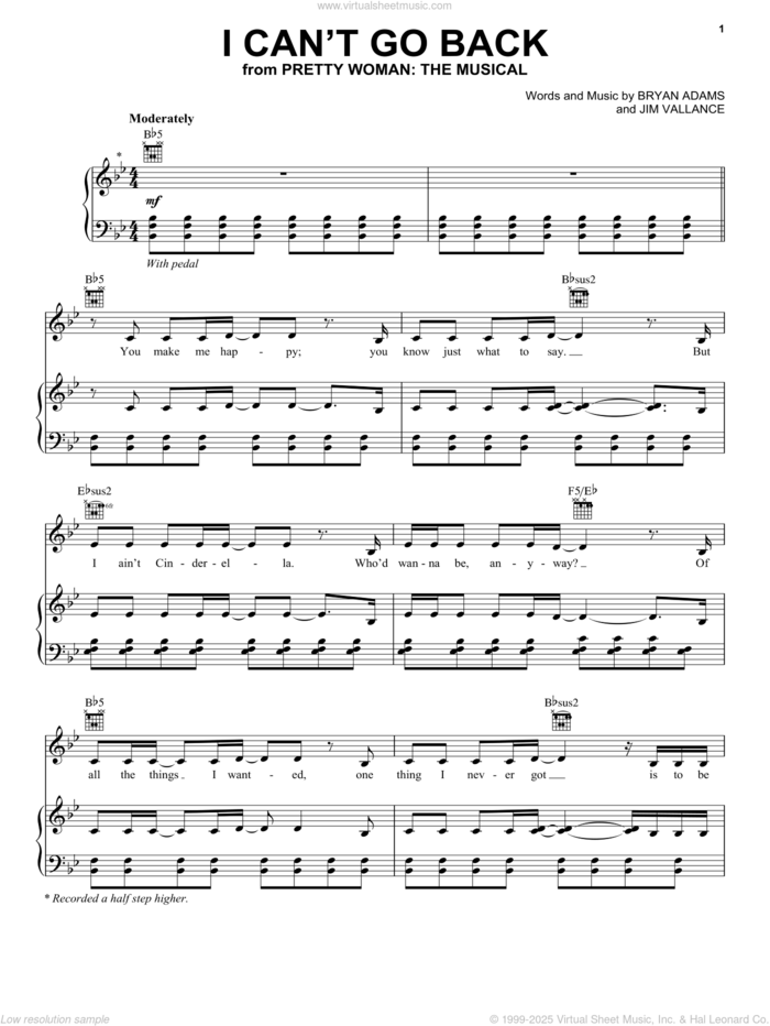 I Can't Go Back (from Pretty Woman: The Musical) sheet music for voice, piano or guitar by Bryan Adams, Bryan Adams & Jim Vallance and Jim Vallance, intermediate skill level