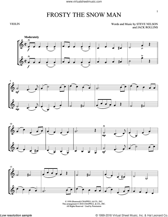Frosty The Snow Man sheet music for two violins (duets, violin duets) by Steve Nelson and Jack Rollins, intermediate skill level