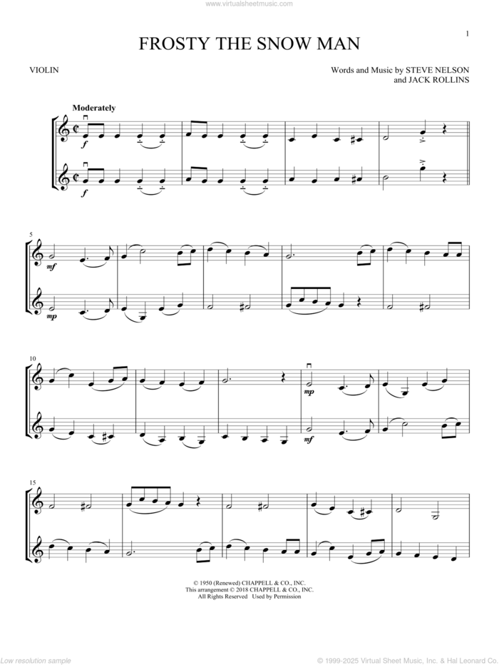 Frosty The Snow Man sheet music for two violins (duets, violin duets) by Steve Nelson and Jack Rollins, intermediate skill level