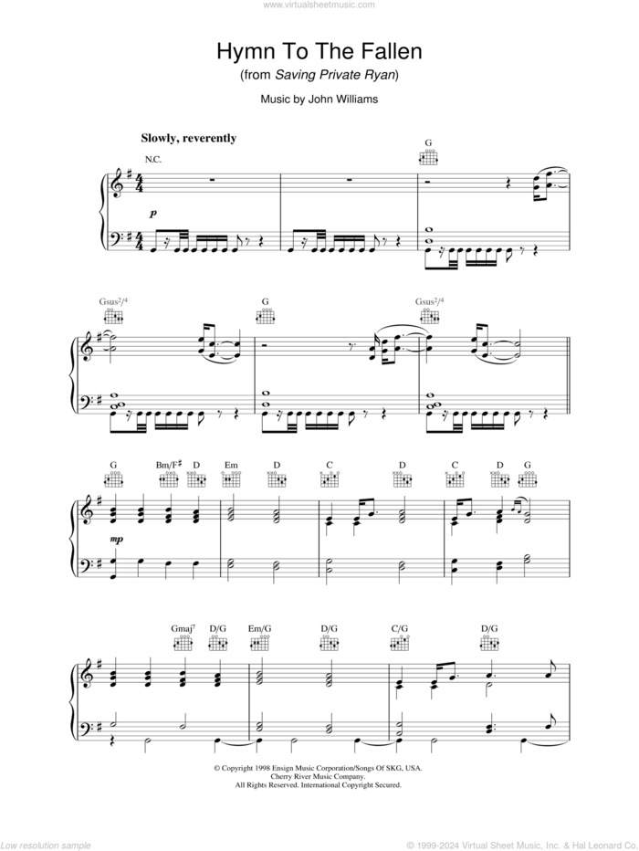 Hymn To The Fallen (from Saving Private Ryan), (intermediate) sheet music for piano solo by John Williams, intermediate skill level