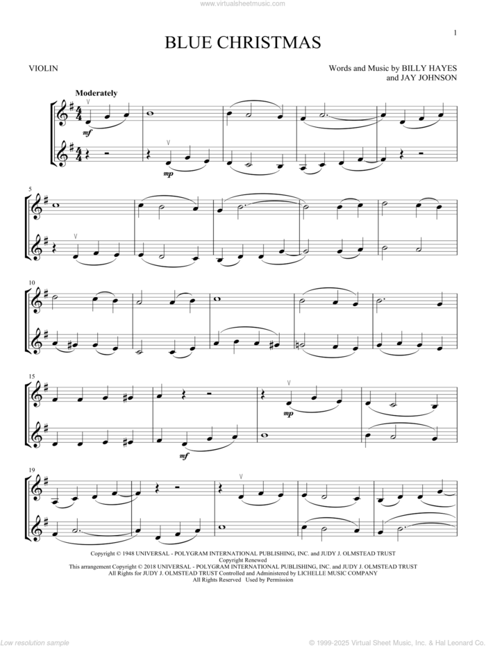 Blue Christmas sheet music for two violins (duets, violin duets) by Billy Hayes, Elvis Presley and Jay Johnson, intermediate skill level