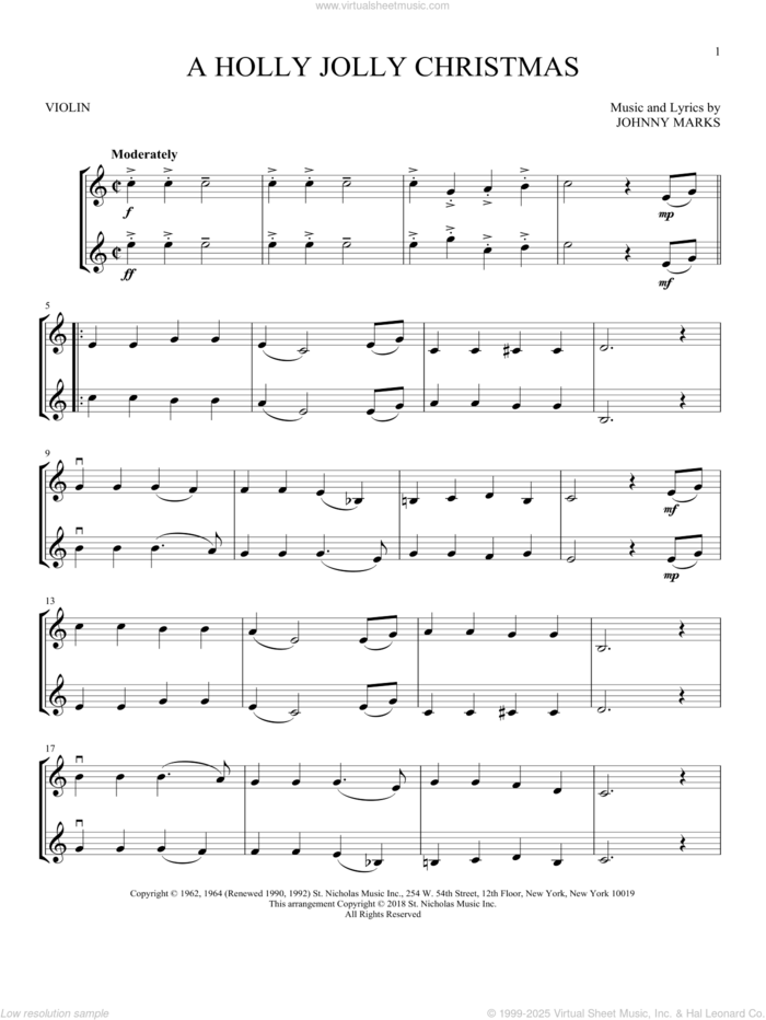 A Holly Jolly Christmas sheet music for two violins (duets, violin duets) by Johnny Marks, intermediate skill level