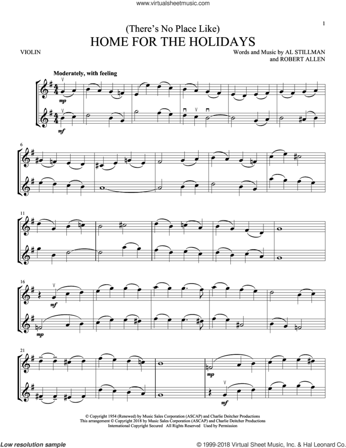 (There's No Place Like) Home For The Holidays sheet music for two violins (duets, violin duets) by Perry Como, Al Stillman and Robert Allen, intermediate skill level
