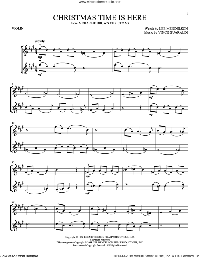 Christmas Time Is Here sheet music for two violins (duets, violin duets) by Vince Guaraldi and Lee Mendelson, intermediate skill level