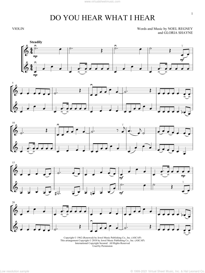 Do You Hear What I Hear sheet music for two violins (duets, violin duets) by Gloria Shayne and Noel Regney, intermediate skill level