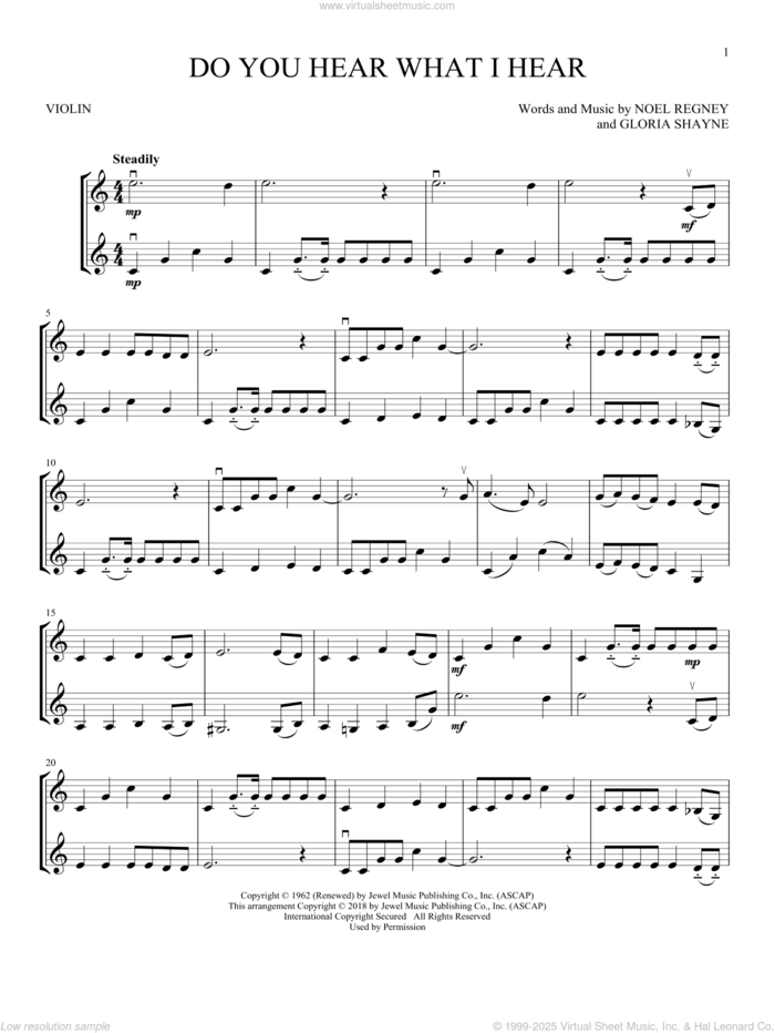 Do You Hear What I Hear sheet music for two violins (duets, violin duets) by Gloria Shayne and Noel Regney, intermediate skill level