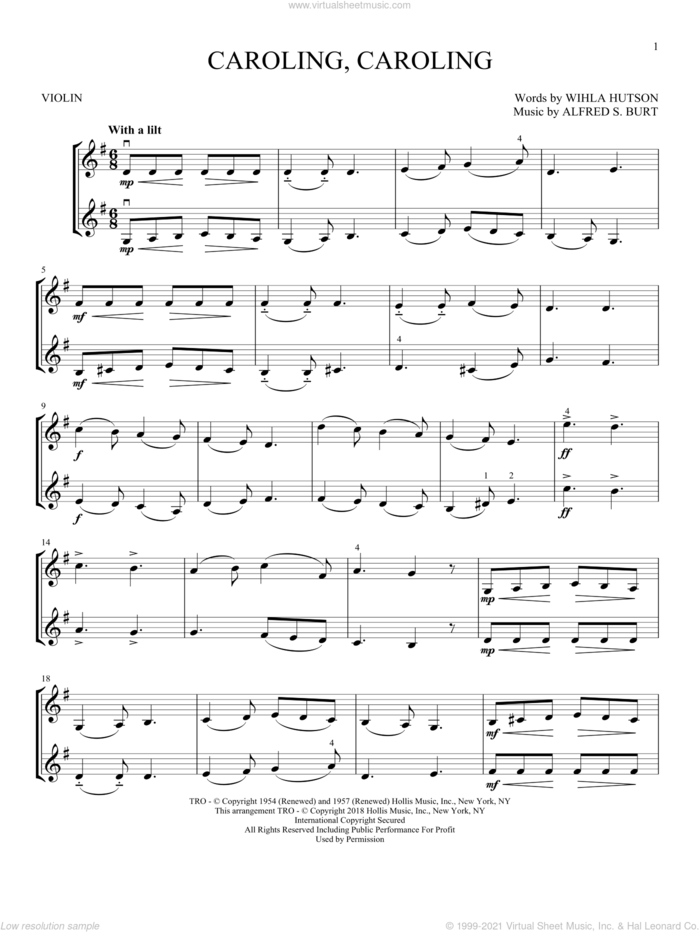 Caroling, Caroling sheet music for two violins (duets, violin duets) by Alfred Burt and Wihla Hutson, intermediate skill level