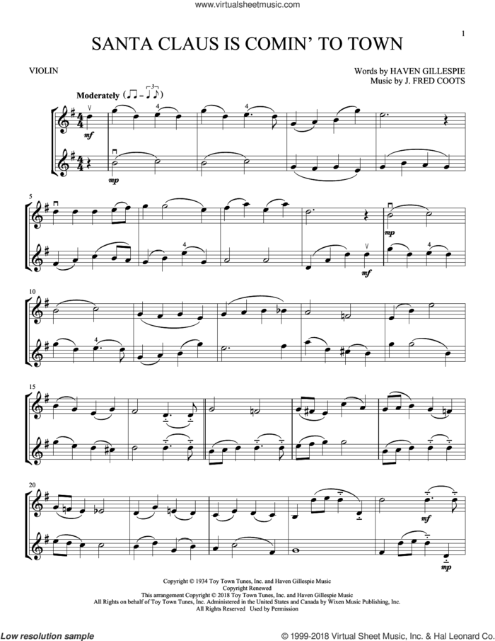 Santa Claus Is Comin' To Town sheet music for two violins (duets, violin duets) by J. Fred Coots and Haven Gillespie, intermediate skill level