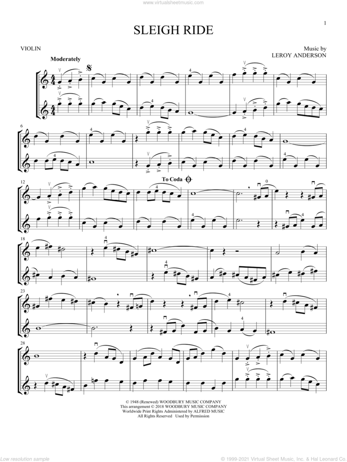 Sleigh Ride sheet music for two violins (duets, violin duets) by Leroy Anderson and Mitchell Parish, intermediate skill level