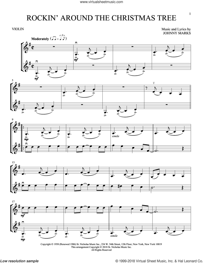 Rockin' Around The Christmas Tree sheet music for two violins (duets, violin duets) by Johnny Marks, intermediate skill level
