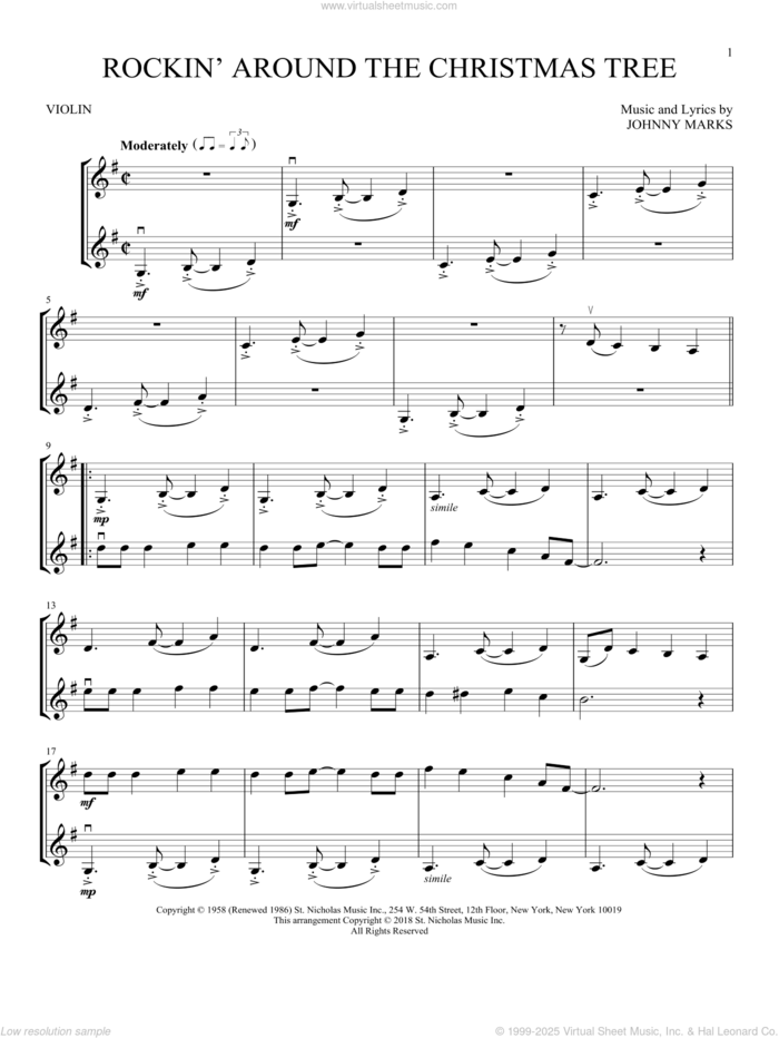 Rockin' Around The Christmas Tree sheet music for two violins (duets, violin duets) by Johnny Marks, intermediate skill level