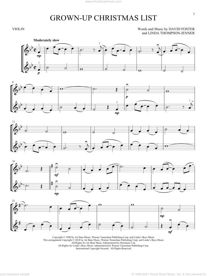 Grown-Up Christmas List sheet music for two violins (duets, violin duets) by Amy Grant, David Foster and Linda Thompson-Jenner, intermediate skill level