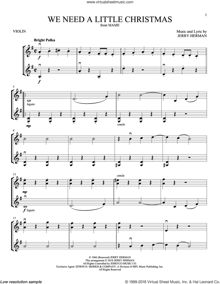 We Need A Little Christmas sheet music for two violins (duets, violin duets) by Jerry Herman and Kimberley Locke, intermediate skill level