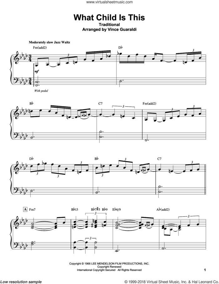 What Child Is This sheet music for piano solo (transcription) by Vince Guaraldi, intermediate piano (transcription)