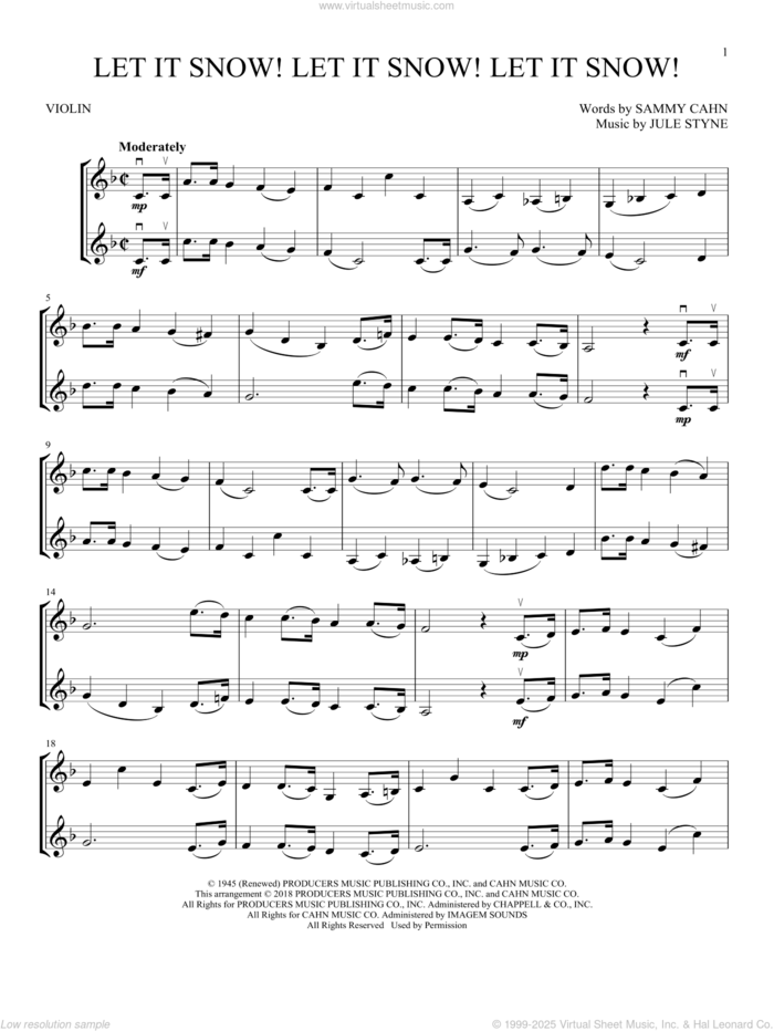 Let It Snow! Let It Snow! Let It Snow! sheet music for two violins (duets, violin duets) by Sammy Cahn and Jule Styne, intermediate skill level