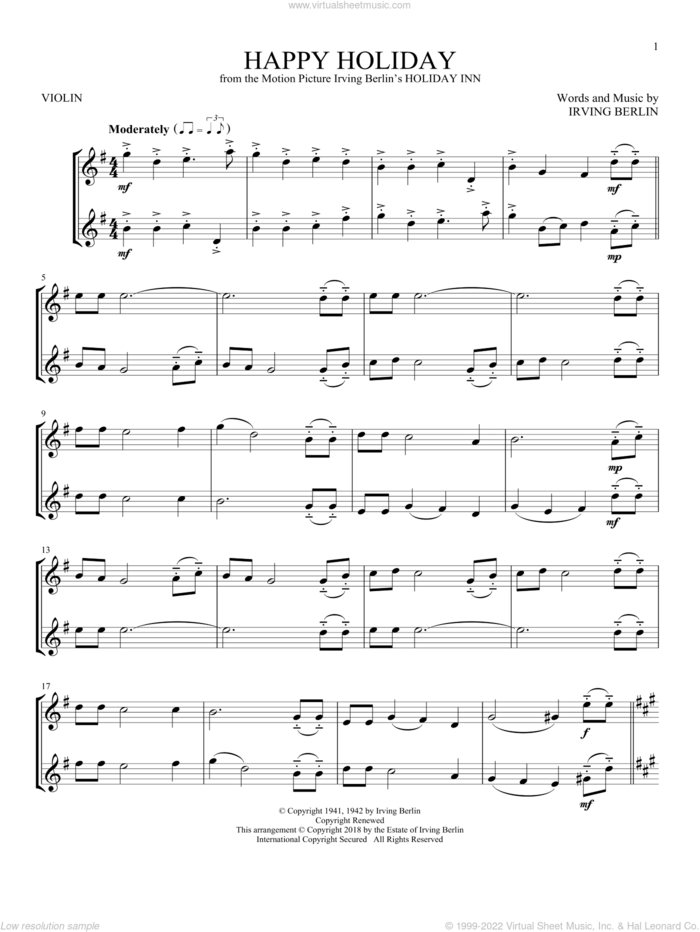Happy Holiday sheet music for two violins (duets, violin duets) by Irving Berlin, intermediate skill level