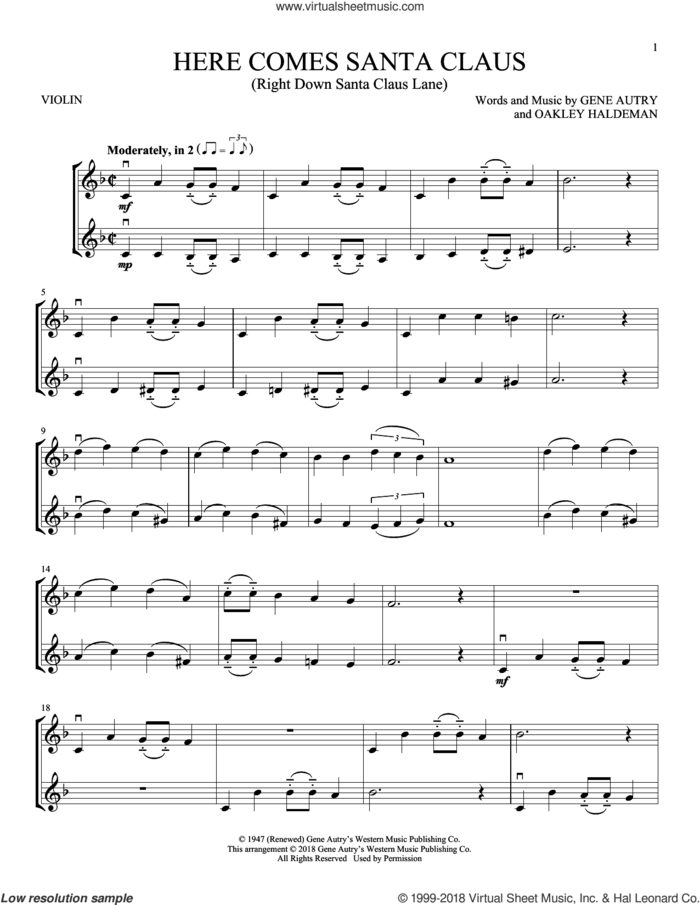 Here Comes Santa Claus (Right Down Santa Claus Lane) sheet music for two violins (duets, violin duets) by Gene Autry and Oakley Haldeman, intermediate skill level