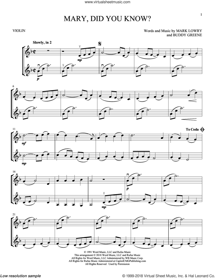 Mary, Did You Know? sheet music for two violins (duets, violin duets) by Buddy Greene and Mark Lowry, intermediate skill level