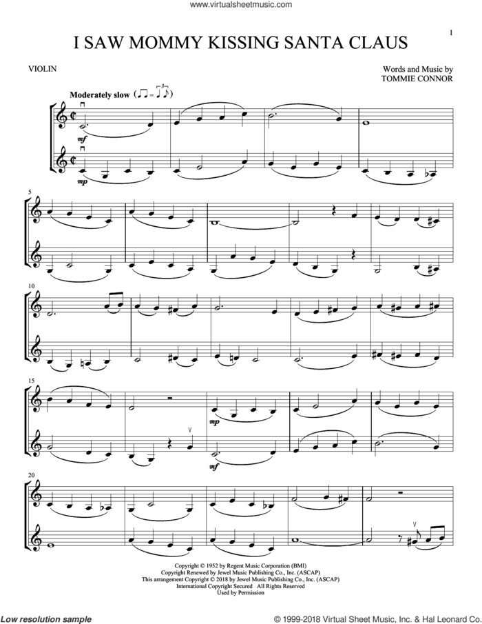 I Saw Mommy Kissing Santa Claus sheet music for two violins (duets, violin duets) by Tommie Connor, intermediate skill level