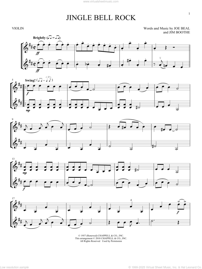 Jingle Bell Rock sheet music for two violins (duets, violin duets) by Joe Beal, Bobby Helms and Jim Boothe, intermediate skill level