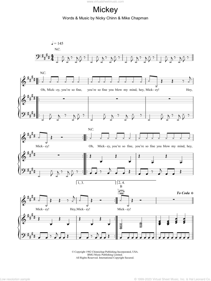 Mickey sheet music for voice, piano or guitar by Toni Basil, Mike Chapman and Nicky Chinn, intermediate skill level