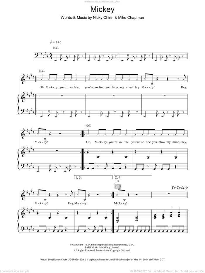 Mickey sheet music for voice, piano or guitar by Toni Basil, Mike Chapman and Nicky Chinn, intermediate skill level