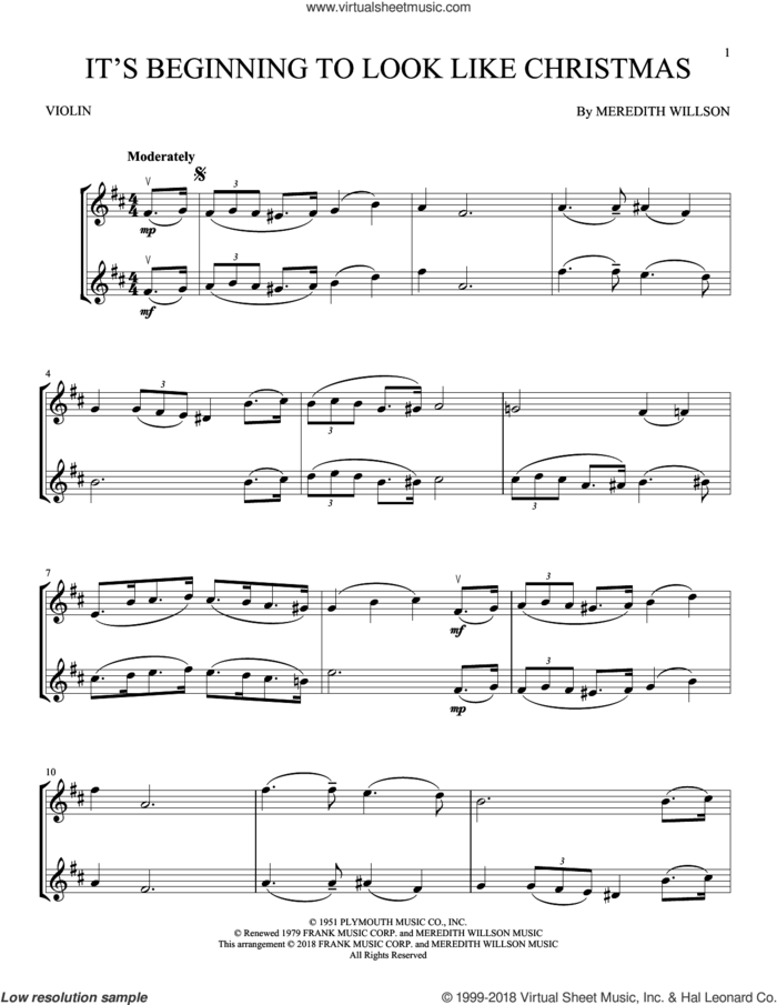 It's Beginning To Look Like Christmas sheet music for two violins (duets, violin duets) by Meredith Willson, intermediate skill level